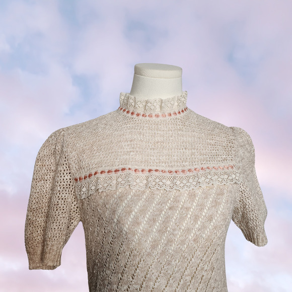 Vtg Tan Pink White Handmade Knit Turtleneck Lace Cottage Coquette Victorian Top - Picture 2 of 6